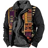 Dirxi Western Cowboy Aztec Print Graphic Jacket Men's Vintage Collar Fleece Lined Full Zipper Warm Soft Jacket