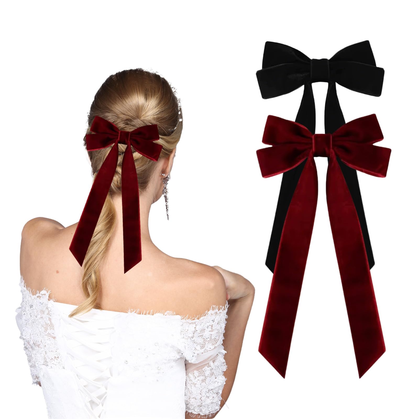2Pcs Red Hair Bow, Burgundy Velvet Hair Bow for women, Solid Color Bowknot Hair Clips for Girl Accessories Christmas Bows (Red & Black)