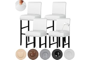 Lebaley 4 Pack Bar Stool Covers with Backs, Waterproof Stretch PU Leather Barstool Slipcovers for Counter Height Chairs 14"-17" Wide, Washable for Kitchen Pub Cafe (White)