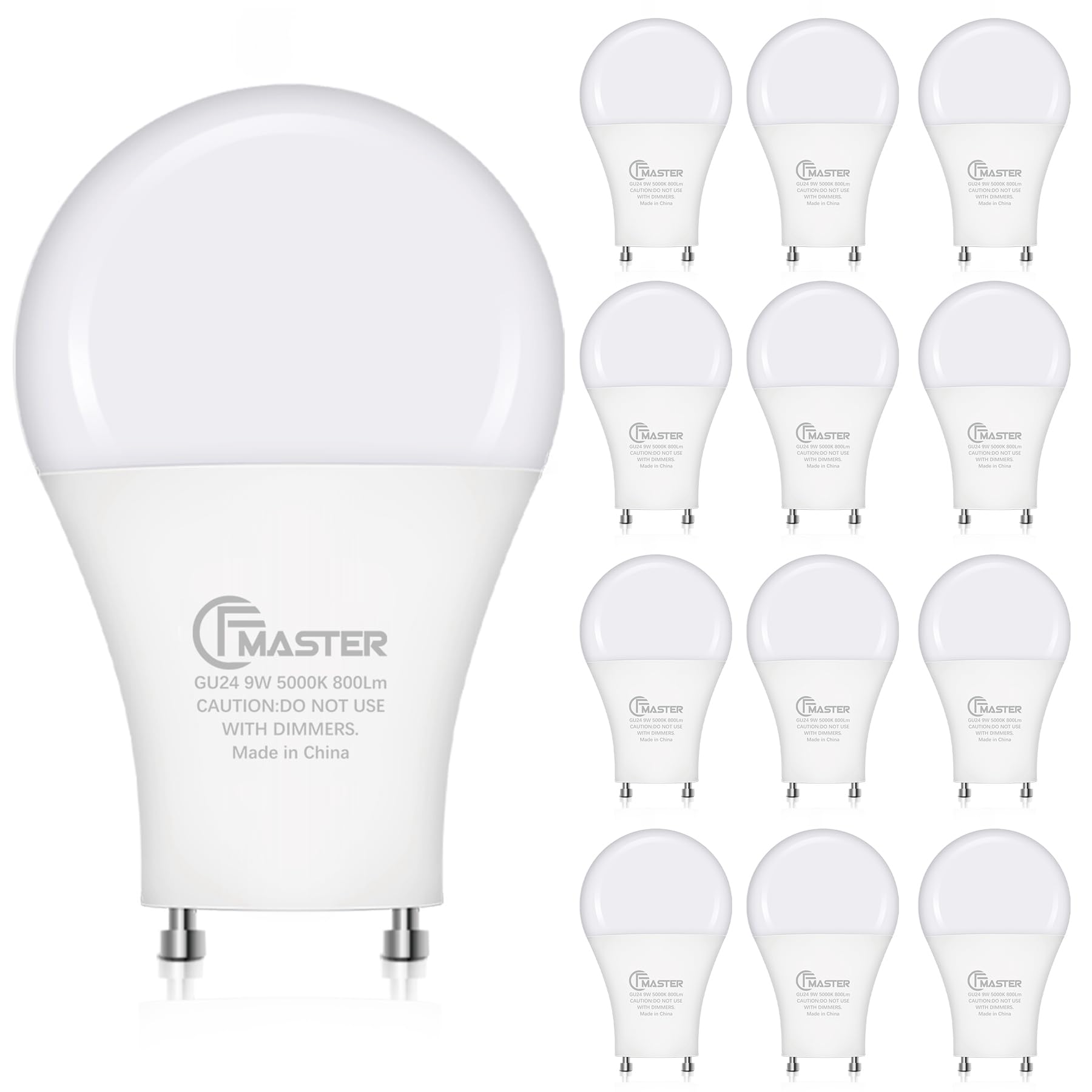 Photo 1 of CFMASTER GU24 LED Light Bulb, 5000K Daylight, 9W(100W Equivalent), 800 Lumens, A19 Shape GU 24 LED Bulbs, Twist and Lock GU24 Pin Base with Two Prongs, Non-Dimmable, UL ETL Certificated(12-Pack)