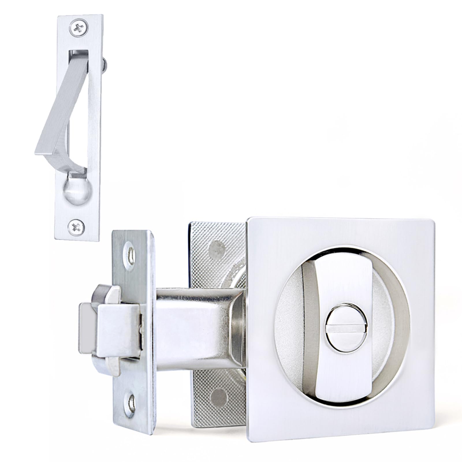 Photo 1 of Dontay Pocket Door Privacy Lock, Flush Handles, 2-3/8" Backset, (Bed/Bath) Latch, Recessed Knob, Hardware for 1 3/8” to 2 3/16” Thickness Door (Including Edge Pull, Brushed Nickel, Square - 1 Pack)