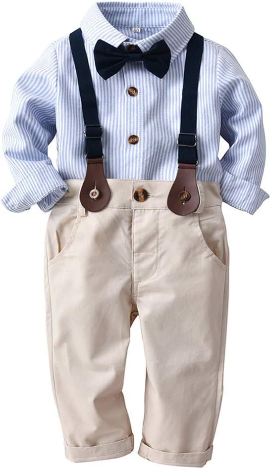 Toddler Baby Boys Fashion Striped Gentleman Bowtie Shirt Overall Pants Sets