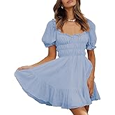 MIYIEONZ Women's Square Neck Puff Sleeve Mini Dresses Ruffle Elastic Waist A-Line Elegant Summer Casual Flowy Mini Dress