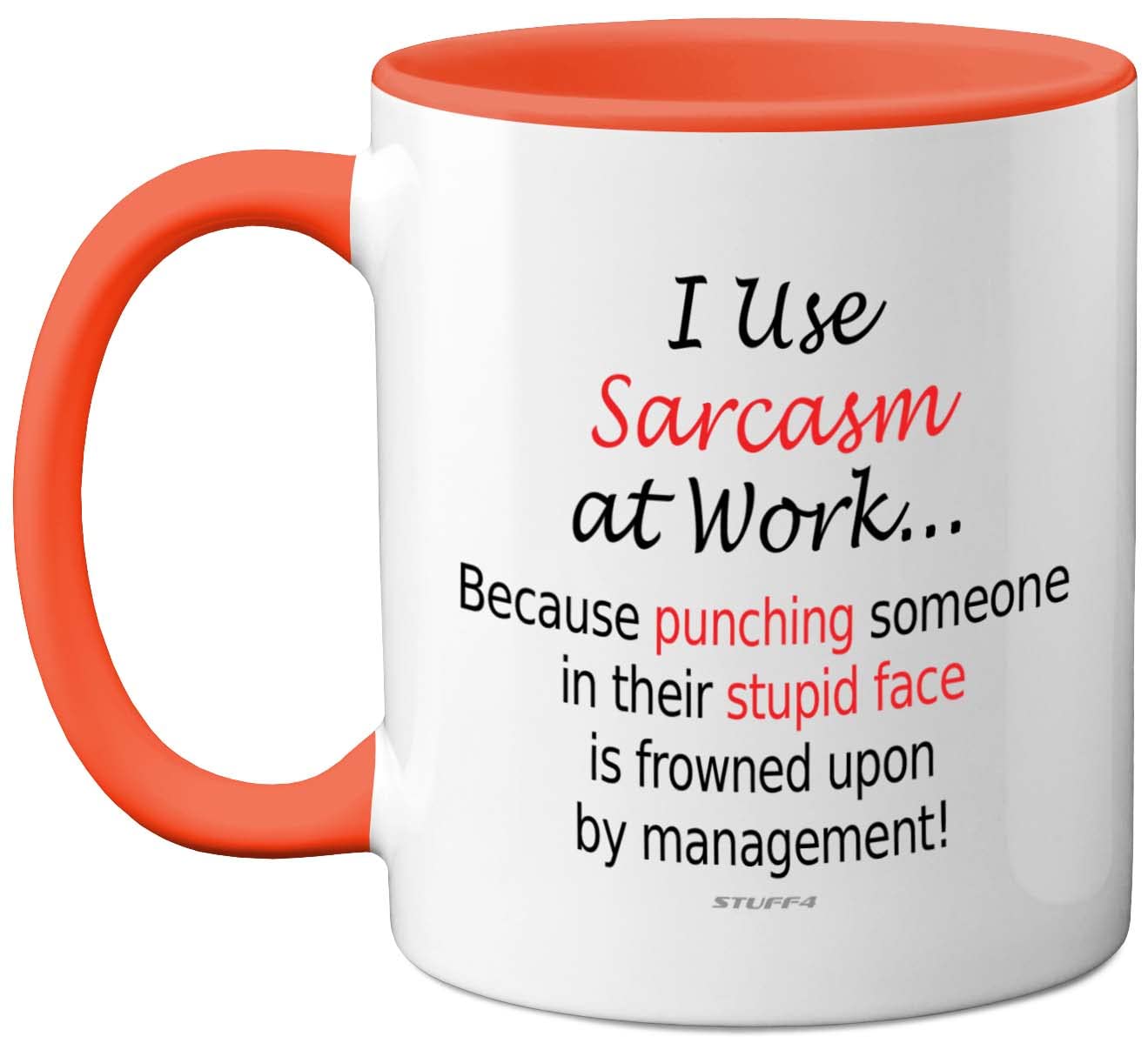 Funny Mugs for Men & Women - I Use Sarcasm at Work Novelty Mugs for Colleagues, Secret Santa, Christmas Birthday Gifts, 11oz Dishwasher Safe Orange Handle Mug