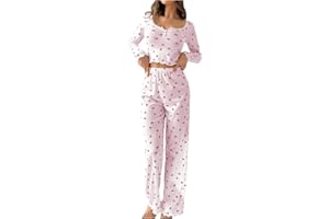 WDIRARA Women's 2 Piece Pajama Set Cherry Print Long Sleeve Sleepwear Pants Pjs Set Loungewear
