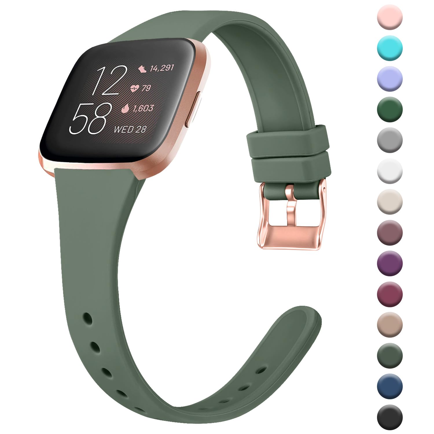 Fitbit Versa 2 / Versa Lite Strap for Women Men - Soft Slim Thin Silicone Replacement Wristband Watchband Compatible With Fitbit Versa 2 (Oliver Green, Small) — image 1