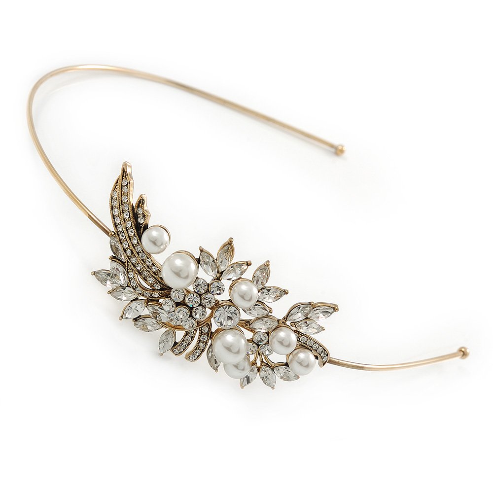 Vintage Inspired Wedding/Prom/Bridal White Glass Pearl, Clear Crystal Tiara Headband In Gold Plated Metal