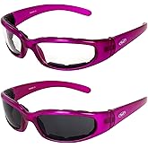 Global Vision 2 Pairs Chicago Padded Motorcycle Sunglasses for Women Scratch-Resistant Pink Frame w/Clear & Super Dark Lenses