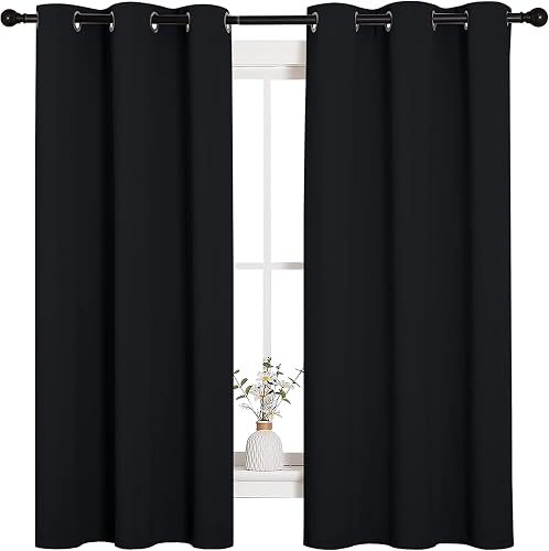 NICETOWN Black Blackout Curtains for Bedroom 42" Wide x 63" Long 2 Panels | Solid Grommet Thermal Insulated Drapes, Noise Reducing, Light Blocking, Room Darkening Decor for Kitchen Window Treatments