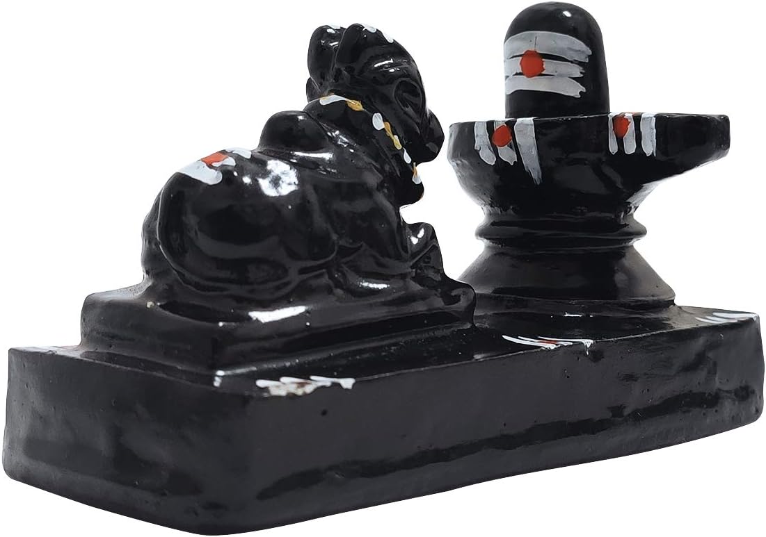 Whopper Hindu God Shiva Lingam with Nandi Statue for Puja, Stone Carving, Portable Size for Travel (Black, 4
