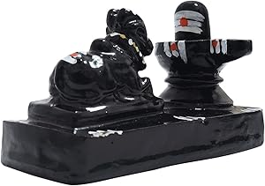Whopper Hindu God Shiva Lingam with Nandi Statue for Puja, Stone Carving, Portable Size for Travel (Black, 4