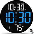 CandyHome Digital Wall Clock Large Display with Remote Control, Plug in LED Digital Alarm Clocks, 12/24Hr, Auto Brightness, Date, Week, Temperature, Non-Ticking for Living Room Bedroom Office (Blue)