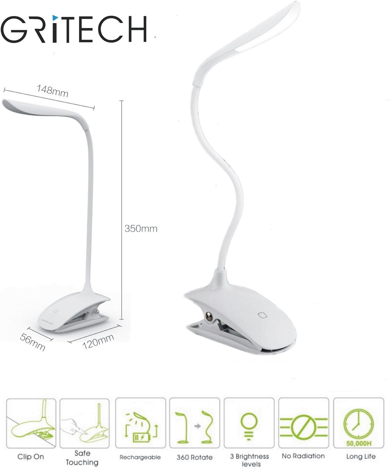 Gritech Cordless,Portable & Rechargeable Clip On LED Desk Lamp,Grill Light,Reading Light for Bed & Music Stand Light with 3-Level Adjustable Brightness