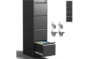 IKIMI 4 Drawer File Cabinet with Wheels,Metal Mobile Filing Cabinets with Lock,Black Vertical File Cabinet for Home Office,Heavy Duty Storage Cabinet for A4/Letter/Legal Size File,Assembly Required