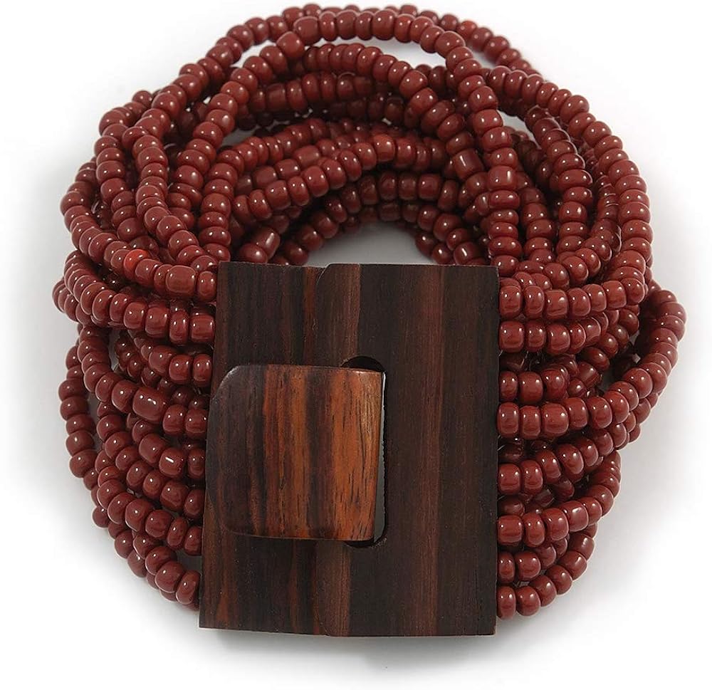 Avalaya Chocolate Brown Glass Bead Multistrand Flex Bracelet With Wooden Closure - 19cm L