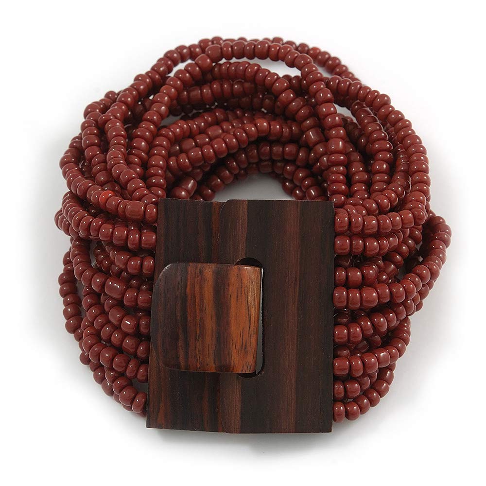 Avalaya Chocolate Brown Glass Bead Multistrand Flex Bracelet With Wooden Closure - 19cm L