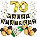 70th Birthday Party Pack â€“ Black & Gold Happy Birthday Bunting, Poms, and Swirls Pack- Birthday Decorations â€“ 70th Birthday Party Supplies