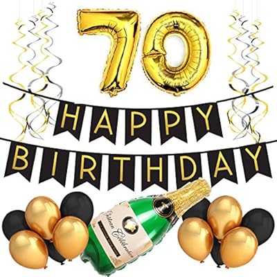 70th Birthday Party Pack â€“ Black & Gold Happy Birthday Bunting, Poms, and Swirls Pack- Birthday Decorations â€“ 70th Birthday Party Supplies