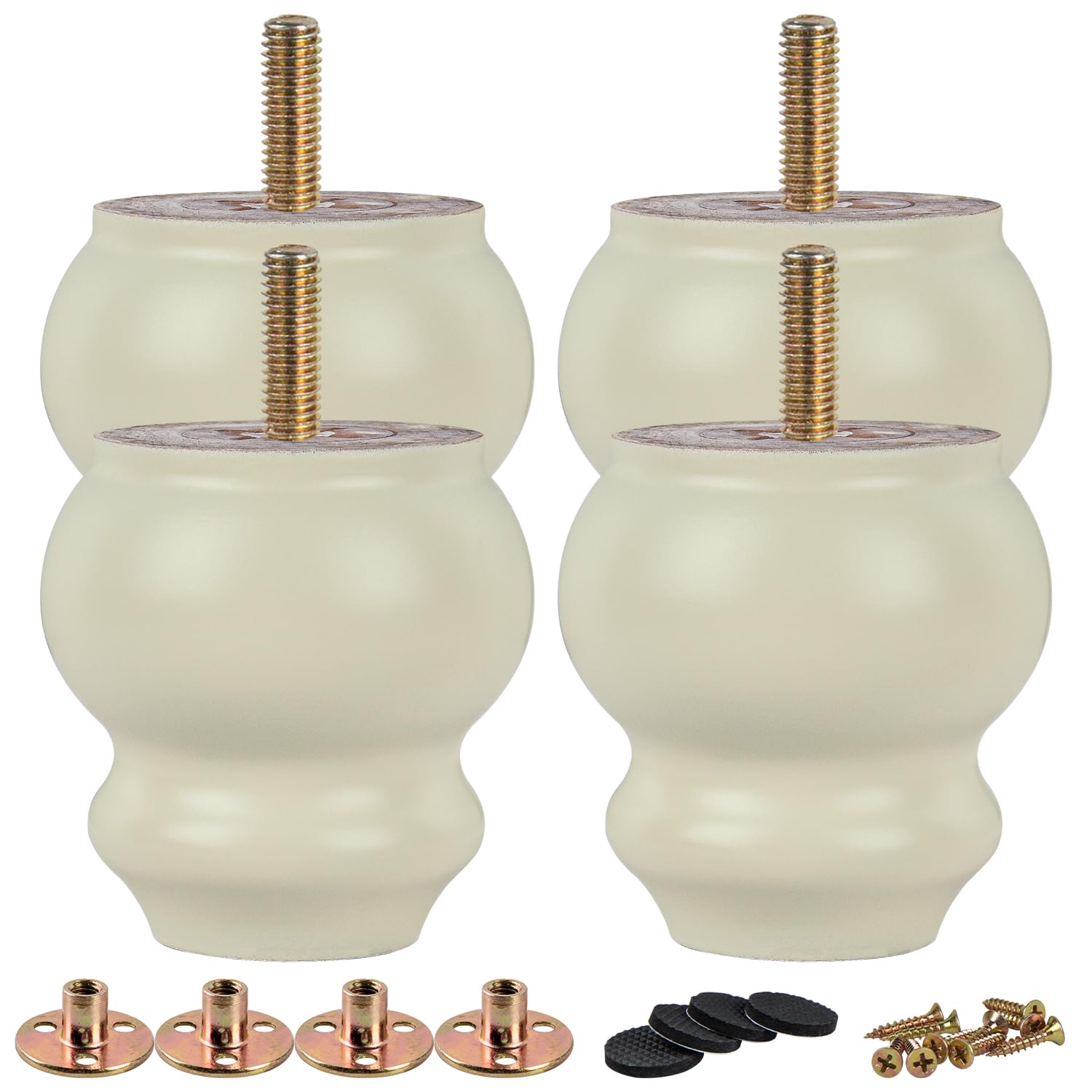TCHOSUZ 3 inch / 8cm Wooden Furniture Legs, Pack of 4 White Solid Wood Turned DIY Replacement Bun Feet with M8 Hanger Bolts & T-Nuts or Sofa Couch Cabinet Recliner Ottoman Riser