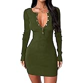 Dressmine Women Long Sleeve Sweater Dress 2026 Fall Sexy V Neck Button Down Bodycon Dresses Cocktail Party Knit Mini Dress