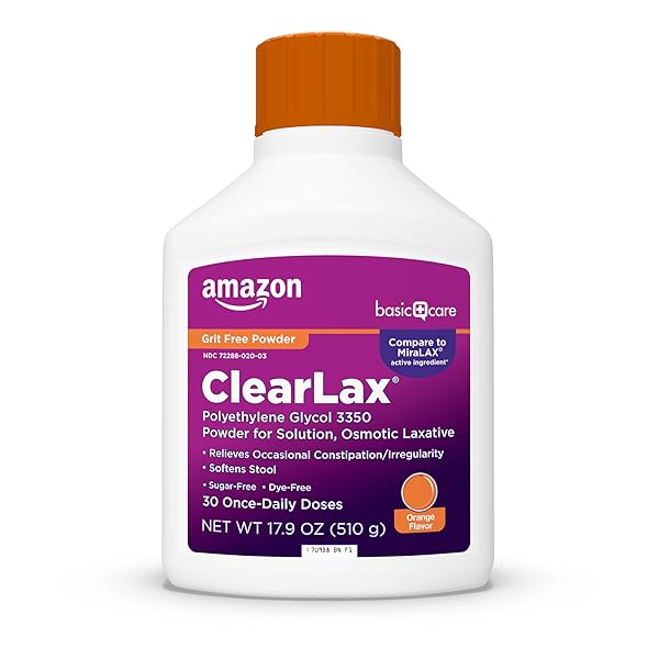 AMAZON BASIC CARE CLEARLAX POLYETHYLENE GLYCOL 3350 POWDER FOR SOLUTION, ORANGE FLAVOR, OSMOTIC LAXATIVE, STOOL SOFTENER, RELIEVES OCCASIONAL CONSTIPATION, 1.11 POUND (PACK OF 1)