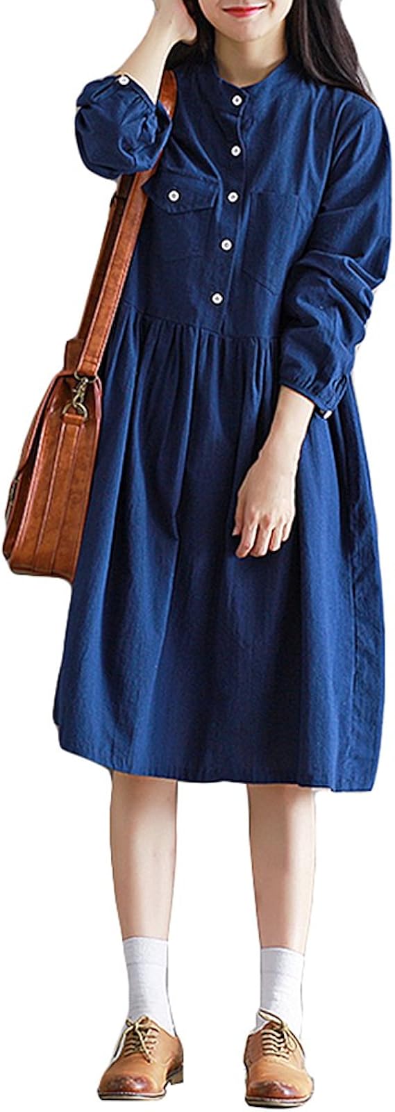 Amazon Co Jp レディース ワンピース 綿麻 ロング丈 長袖 春 秋 ワンピース 森ガール オーバーサイズ クラシック ネイビー 可愛い 文学少女 Xxl 服 ファッション小物