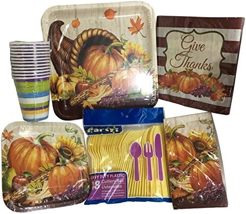 Deluxe Thanksgiving Dinnerware Elegant Disposable Dinnerware Set - Party Plates and Napkins , Cups &amp; Cutlery , Autumn Leaves &amp; Pumpkin Feature