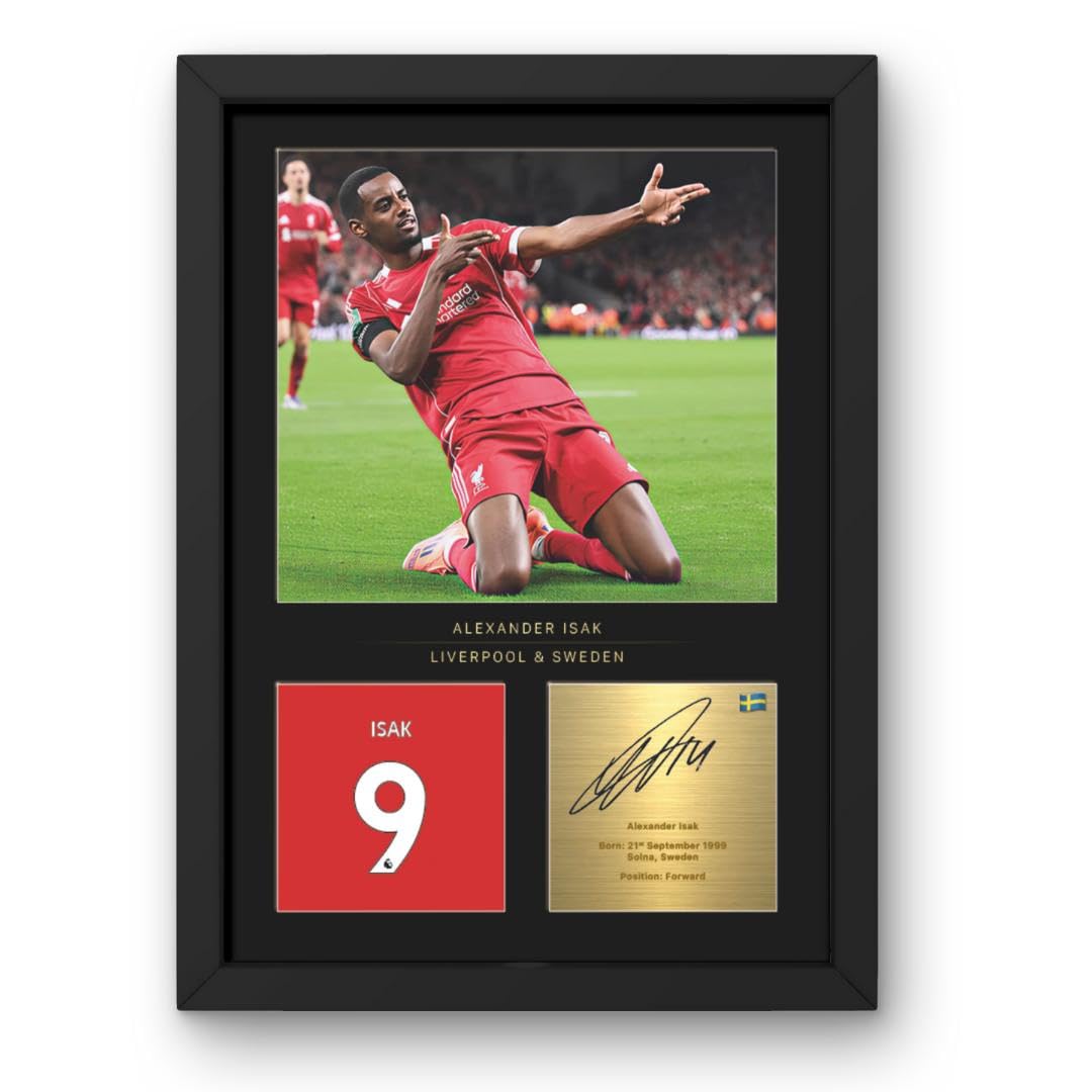Win FC Alexander Isak A4 Framed Photo Display - Reproduced Digital Signature - Gift For Liverpool Fans
