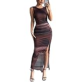 GORGLITTER Women's Tie Dye Mesh Bodycon Dress Ruched Split Thigh Party Maxi Dresses