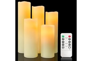 VETOUR Flameless Wax Pillar Candle: Pack of 5 Battery Operated LED Candles H5 6" 7" 8" 9" D2.2 Electric Fake Flickering Candles with Timer Remote for Home Christmas Halloween Deco Gift(Modern Style)