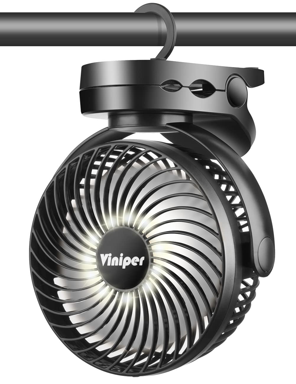 Viniper 6 inch Rechargeable Clip Fan with LED Light, 10000mah Battery Camping Hanging Fan : 360° Rotation, 3 Speeds, Tent Personal Fan with Hanging Hook - Black