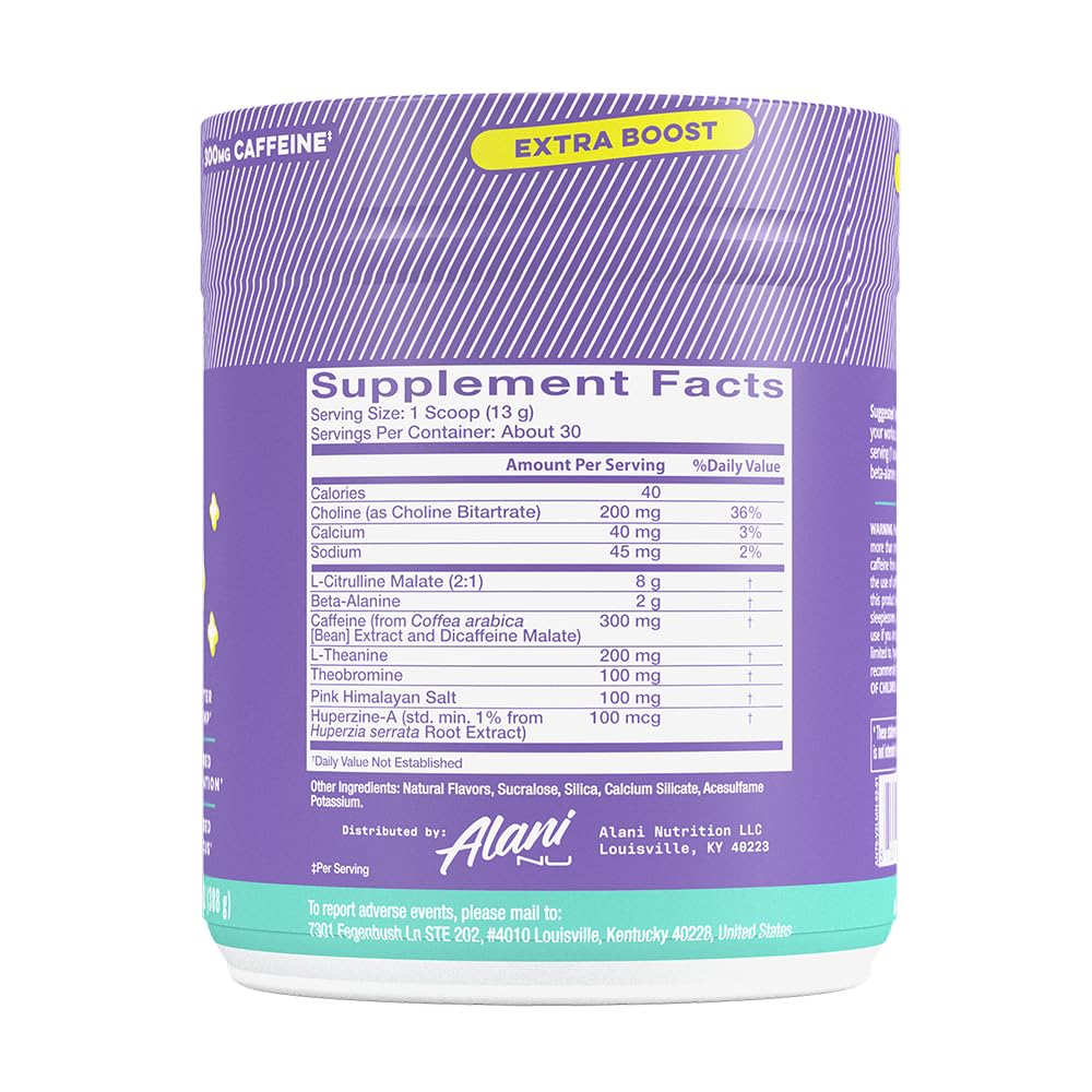 Alani Nu Pre Workout+ Powder Frozen Lemonade, Extra Boost, Sugar Free, 300mg Caffeine, L-Theanine, Beta-Alanine, Citrulline, 30 Servings