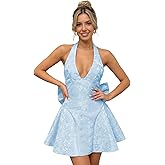 MINGSEECESS Women Satin Embroidery Homecoming Dress A Line Short Mini Dress with Bowknot Halter Dresses Prom Party Gown
