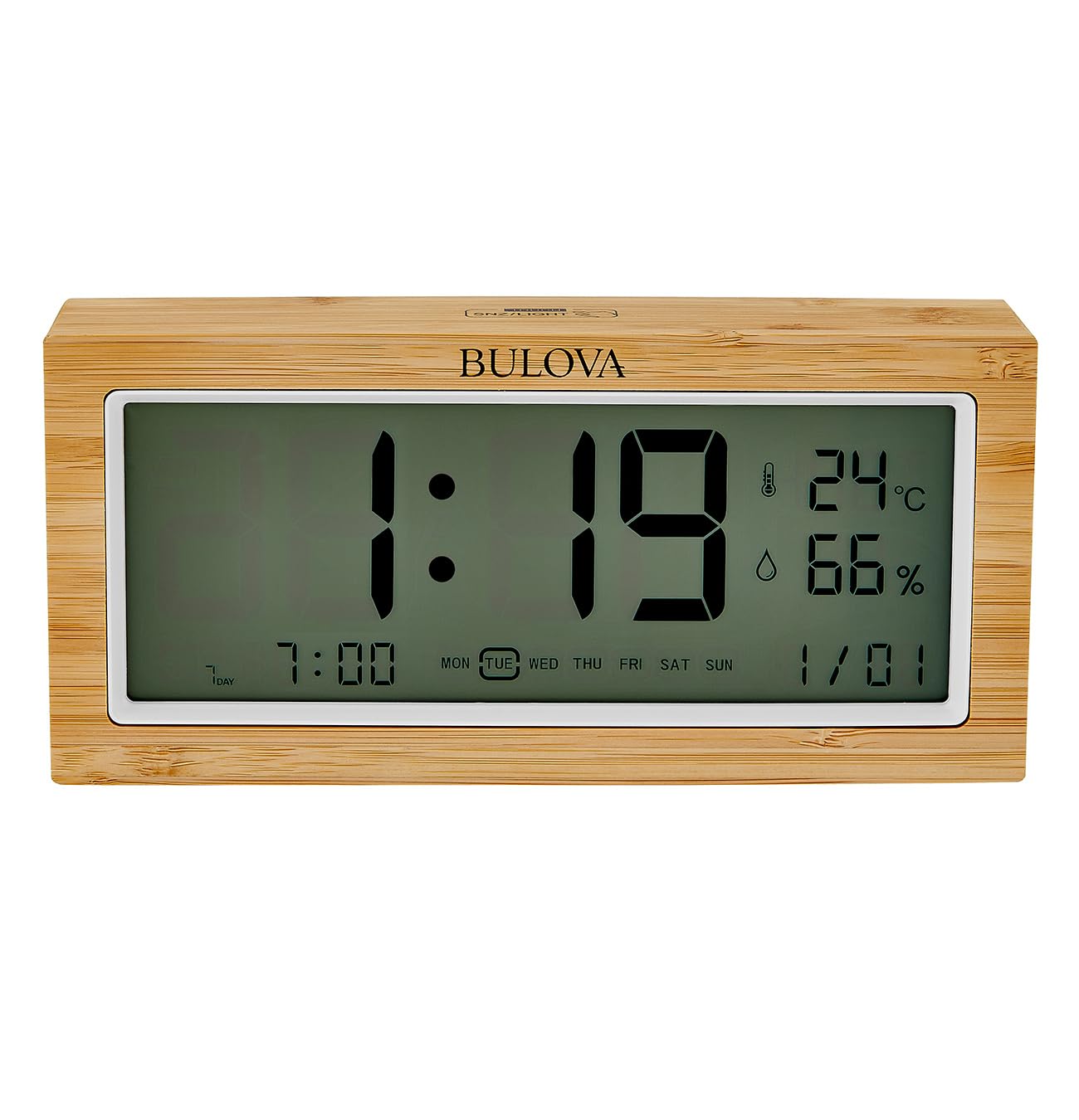 Photo 1 of Bulova Brookside LCD Alarm Clock B1375 | Natural Bamboo Case with Temperature & Humidity Display | Quartz Movement | Battery Operated | Touch Light & Weekender Alarm