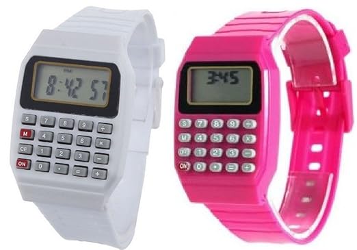 Pappi-Haunt - Quality Assured - Unisex Silicone Smart White & Cute Pink Calculator Digital Led Wrist Watch for Boys, Girls, Kids