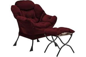Youtanic Lazy Chair with Folding Ottoman, Accent Chair Velvet Upholstered with Metal Structure and Non-Slip Pads, Sofa Armchair with Footrest and Side Storage Bag for Dorm, Room, Office, Burgundy