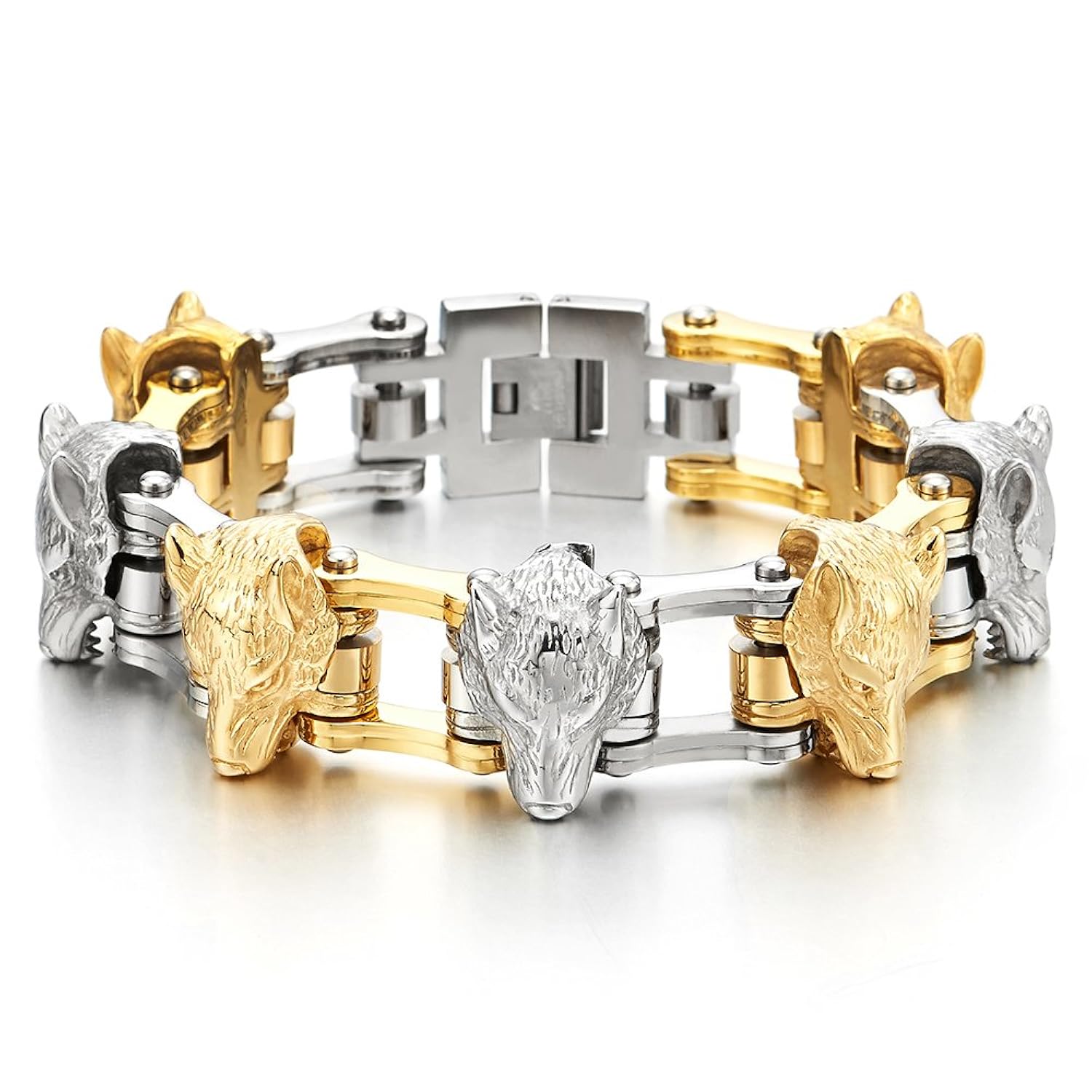 Plata Oro Cabeza de Lobo Motocicleta Pulsera de Hombre Brazalete Bike Chain