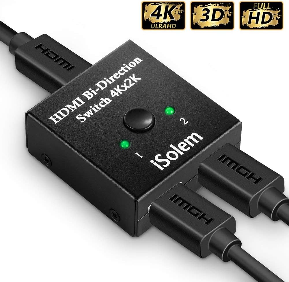 HDMI Switch, iSolem Switch Box Bidirectional 1 In 2 Out / 2 Input to 1 Output, Supports 4K 3D Full 1080P for HDTV / PC / Nintendo / PS3 / PS4 / Xbox etc.