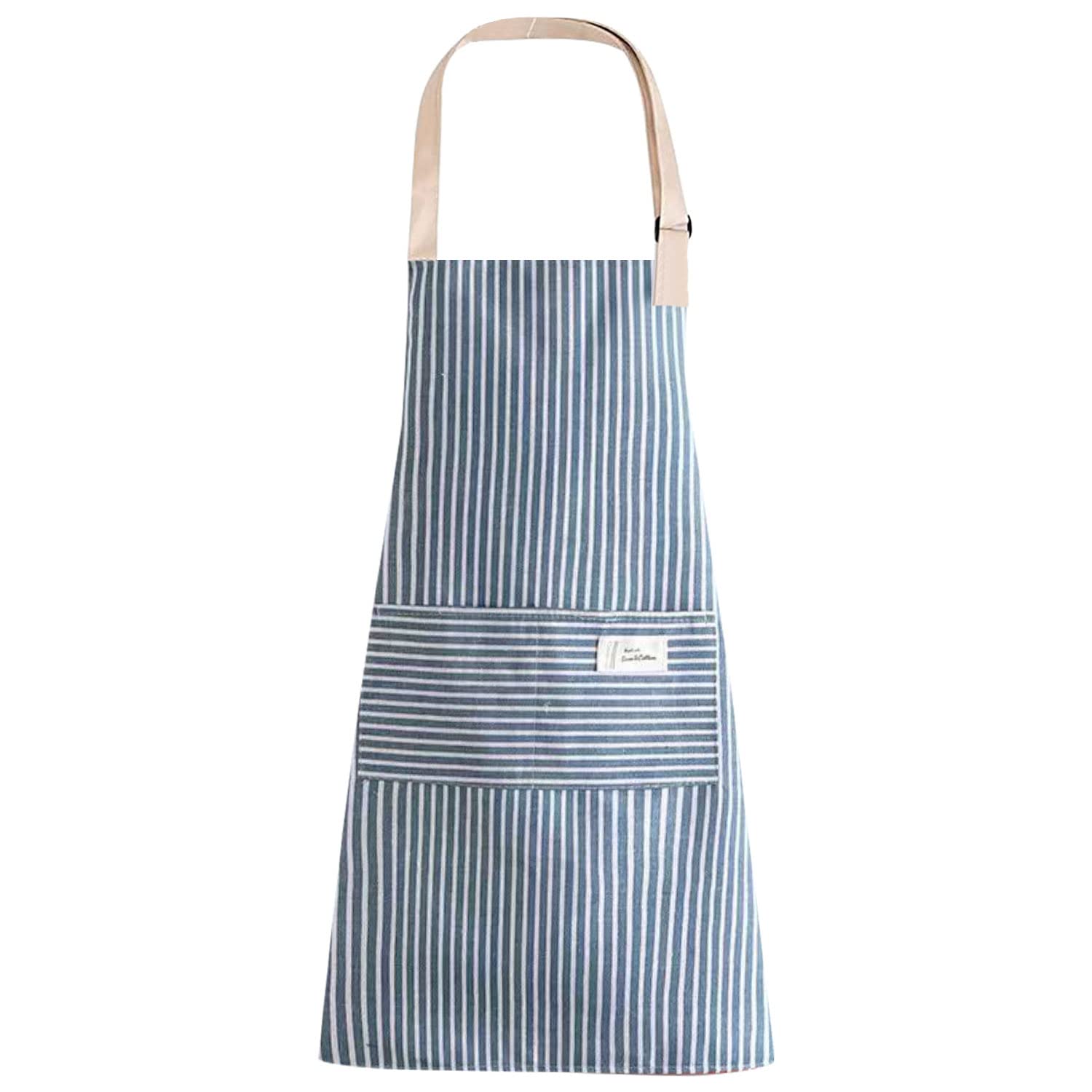 LECTNORE Stripe Bib Apron, Chefs Kitchen Aprons Adjustable Apron with 2 Pockets Cooking Apron Cotton Apron for Women/Men(Blue)