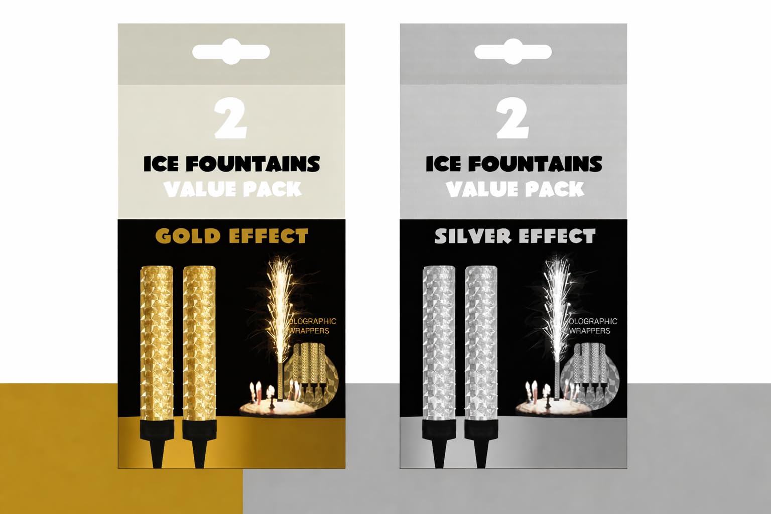 CRYSTAL25 Ice Fountain Birthday Cake Candles, Golden & Silver 2 Assorted Colour 4pk, Holographic Sparkler Toppers, Indoor Firework Candles for Birthdays Weddings Anniversaries, 4 Pack