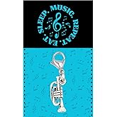 Sportybella Trumpet Clip-On Charm with Music Card – Silver-Tone Musical Instrument Pendant for Brass Players, Bracelets, Backpacks, Jackets, and Bags – Durable Lobster Clasp Accessory