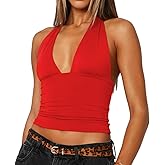 YFANG Women's Sexy Halter Deep V Neck Crop Tank Top Stretchy Sleeveless Double Lined Slim Fit Going Out Tank Top