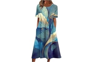 DPKLAD Summer High Waist Short Sleeve Dress for Women Soiree Beautiful Cotton Crew Neck Dresses Pocket Graphic Pullover.