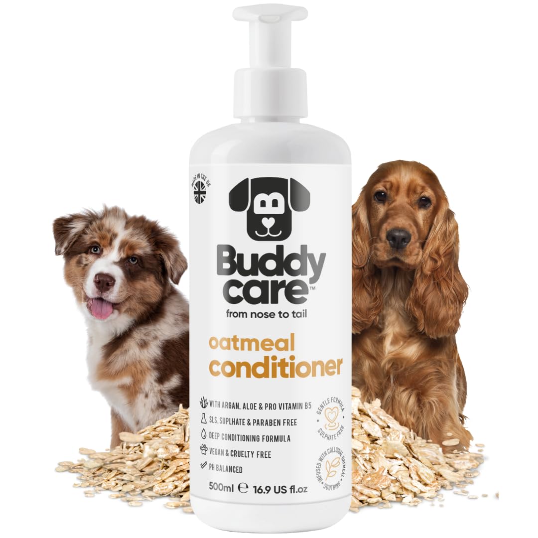 Buddycare Oatmeal Dog Conditioner (500ml) Made with Aloe Vera, Argan Oil & Pro Vitamin B5 to Detangle Matted Coats & Relieve Sensitive & Itchy Skin, Suitable for Puppies from 8 Weeks, Vegan Formula