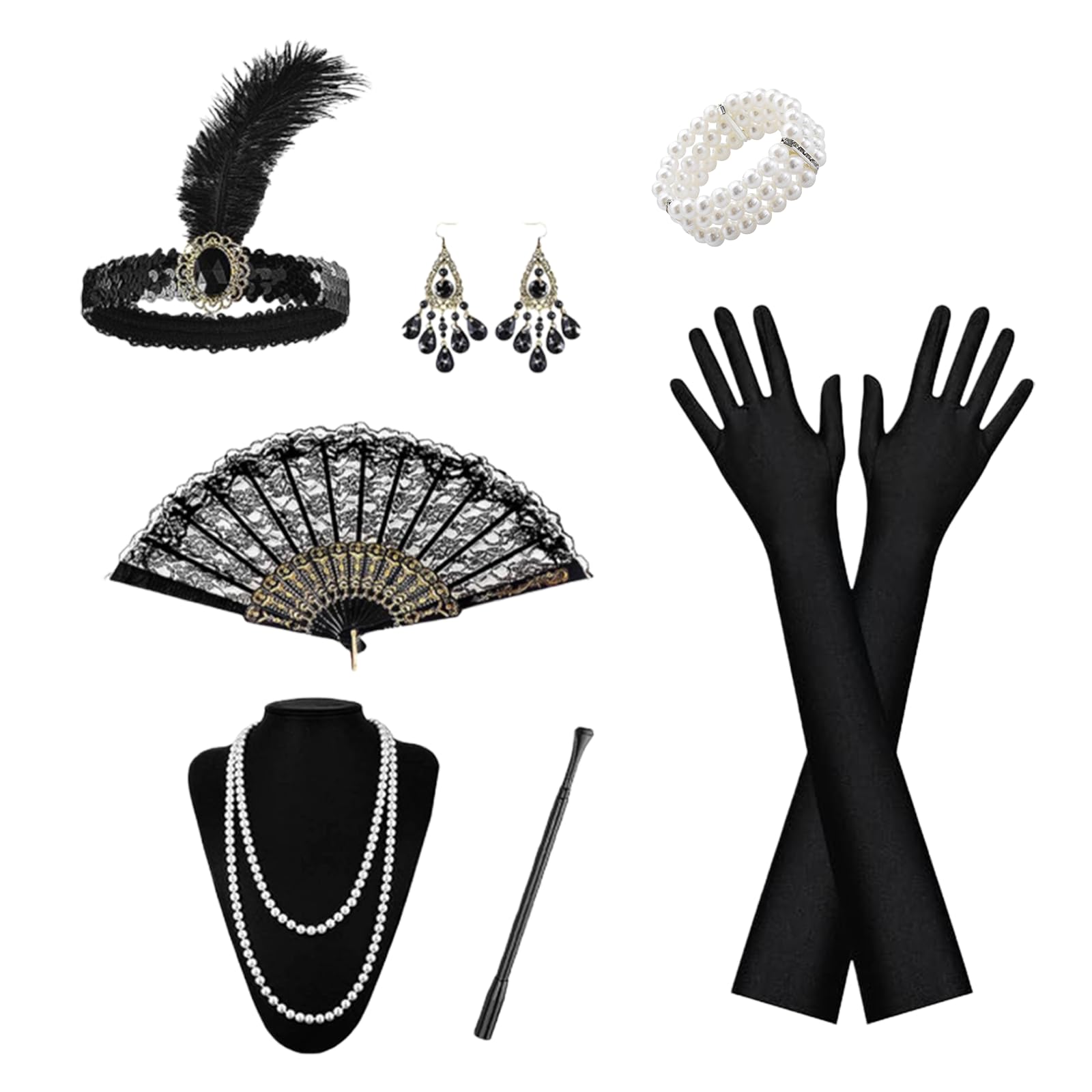 GWAWG 1920s Accessories for Women,1920s Flapper Great Gatsby Accessories Set,Headband Gloves Necklace Earrings Lace Folding Fan,For Retro Carnival Festival Halloween Christmas (Black1)