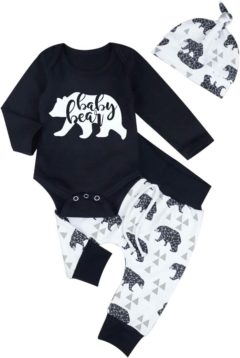 RutoeNewborn Baby Boys Clothes Infant Baby Bear Long Sleeve Romper Bodysuit+Pants + Hat 3Pcs Fall Winter Outfits Set