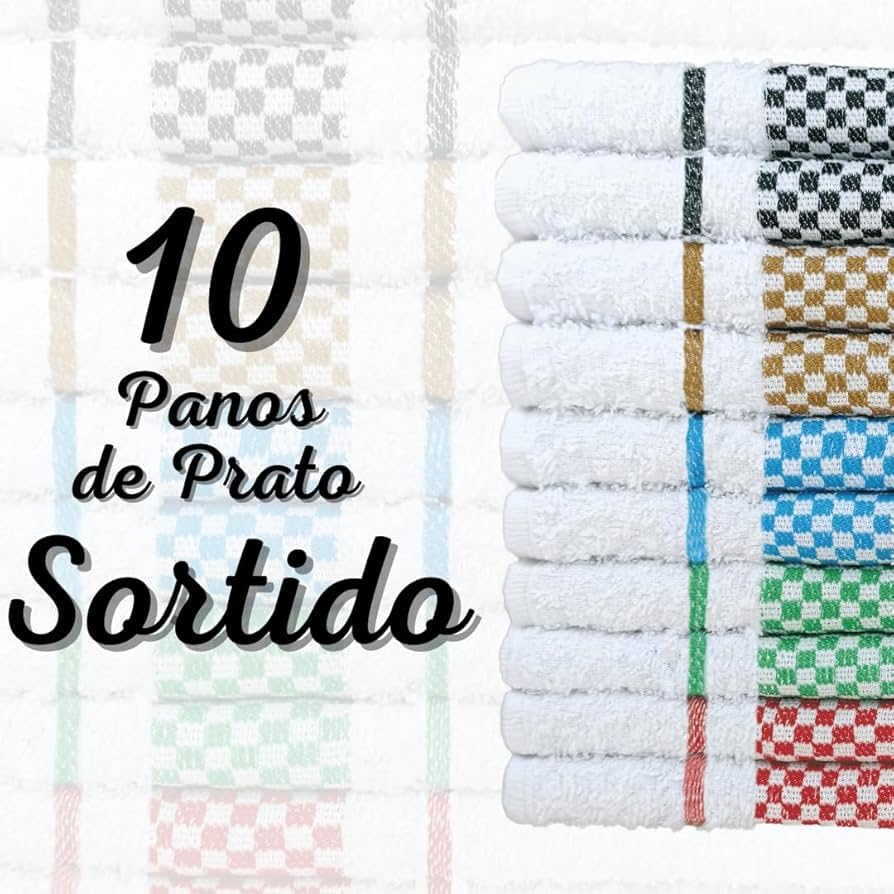Kit Com 10 Panos de Prato Atoalhado Xadrez, Pano de copa Em 100% Algodão 45x70cm, Alta Absorcão