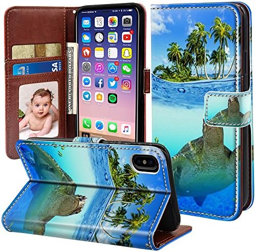 ONSPACE Wallet Case For iPhone X, Magnetic Protective Cover Case Card Slots and Wrist Strap, Custom Printed Swimming Turtles PU leather Stand Feature iPhone 10 5.8 Inch Case