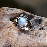 Hsitgexf Unique Vintage Flowering Twig Rainbow Moonstone Engagement Ring for Women,Victorian Style Solitaire Ring Thai Silver Jewelry (US Size 8)