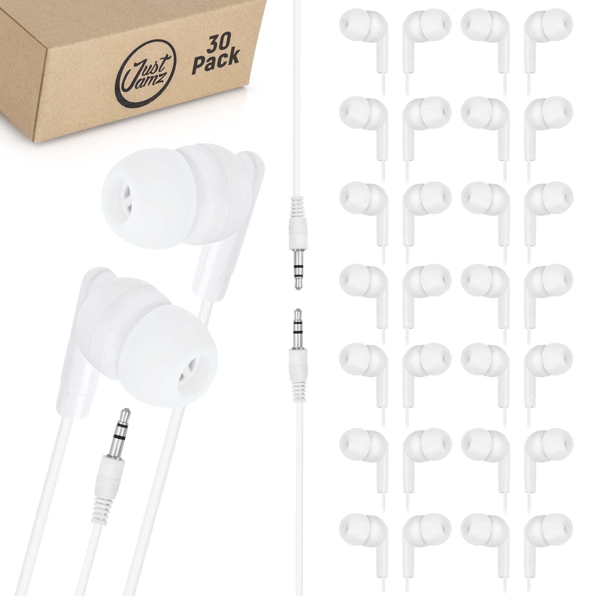 JustJamz 30 Pack | Bulk Basic Earbuds, Pearl White in-Ear Earbuds, Disposable Earphones, Affordable Headphones, 3.5 MM Audio Jack Earbuds for Schools, Kids, Classrooms & Libraries
